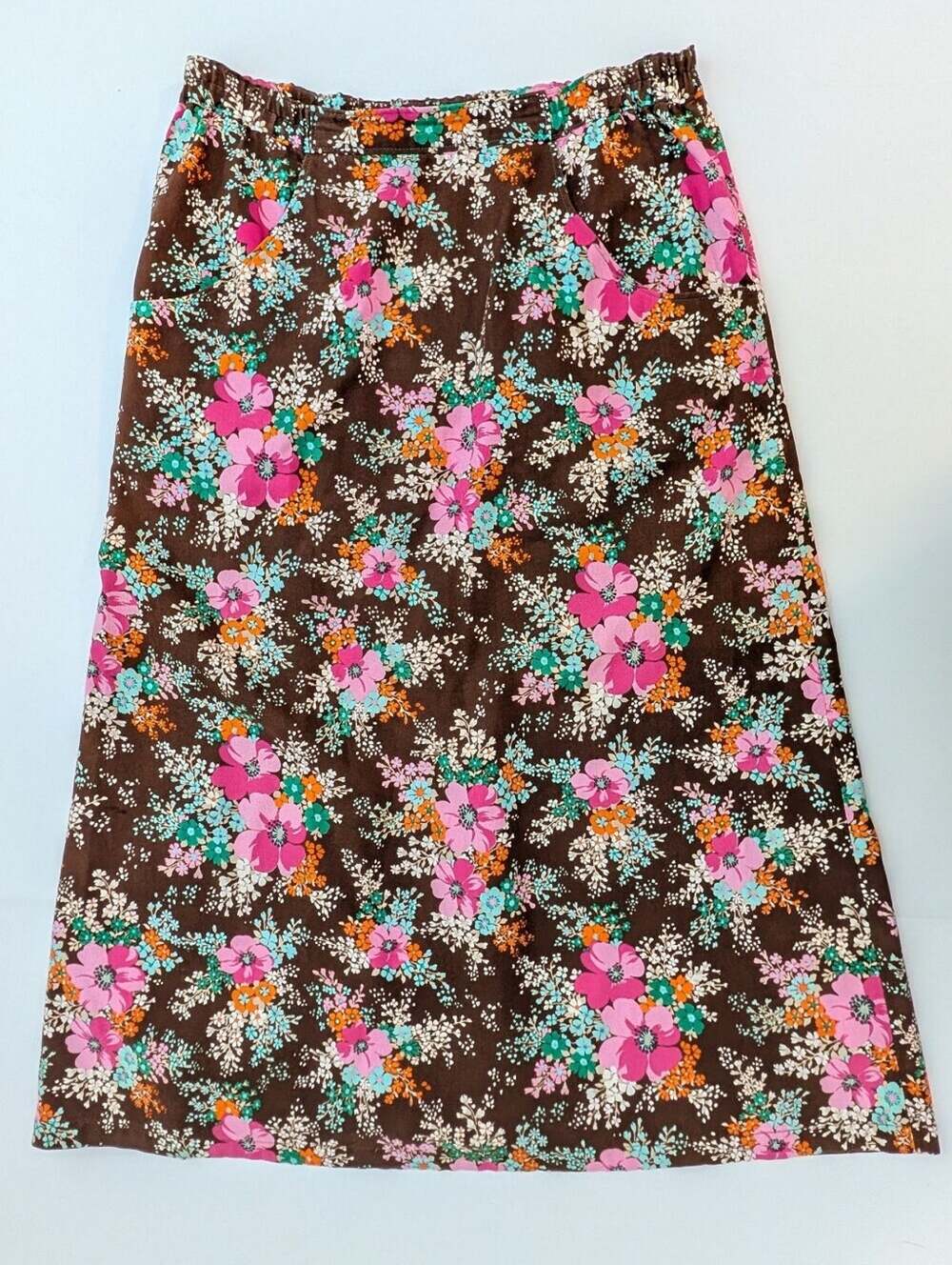 Vintage 1970s Floral Long Midi Skirt Brown And Pink Medium Handmade 70s